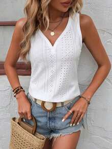 Hotletica Solid Eyelet Embroidery Tank Top - trắng - Xem 3