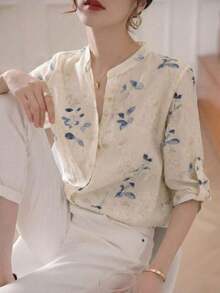 Blusa de mujer de manga 3/4 con cuello alto, estampado floral acuarela azul grisáceo| Blusa de ajuste ceñido, transpirable, de manga acampanada, para oficina/vacaciones, primavera/verano - amarillo ganso - Ver 1