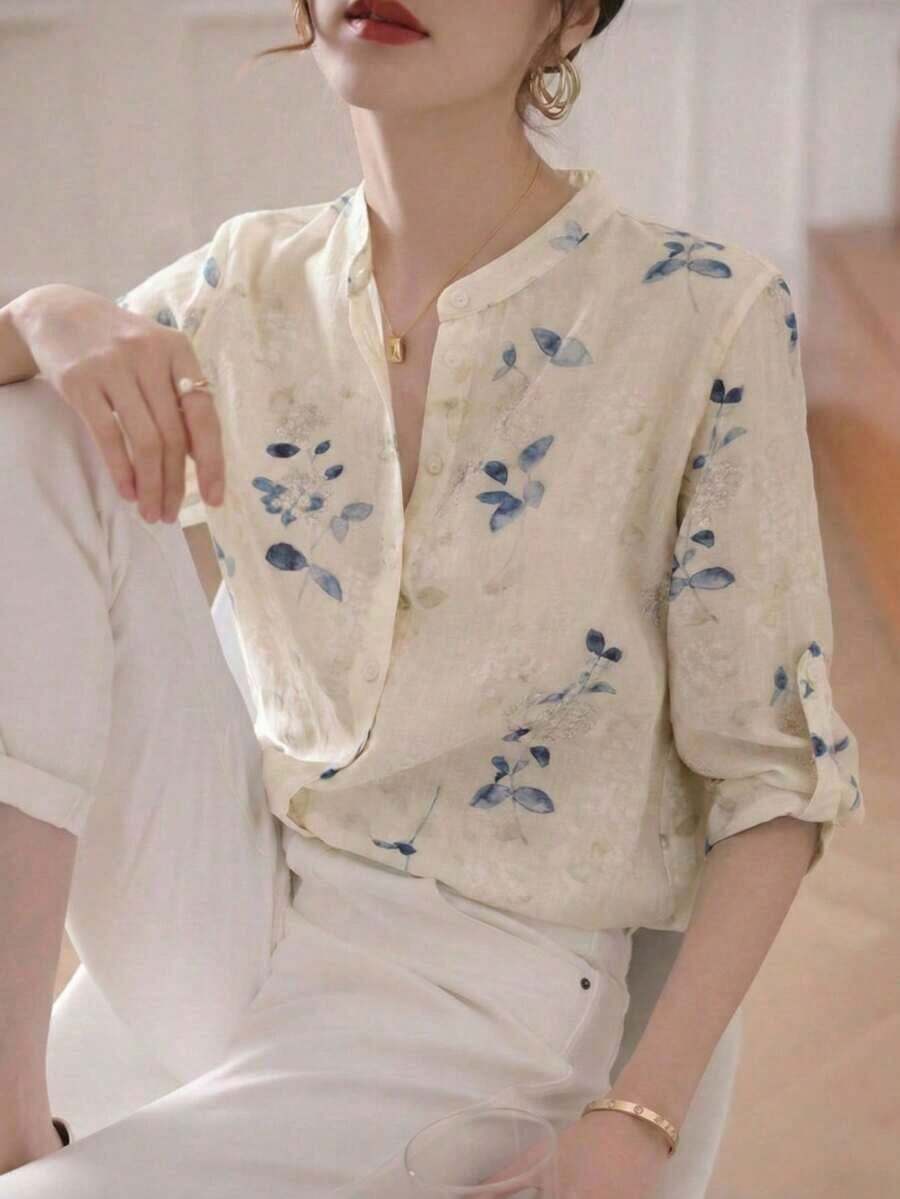 Blusa de mujer de manga 3/4 con cuello alto, estampado floral acuarela azul grisáceo| Blusa de ajuste ceñido, transpirable, de manga acampanada, para oficina/vacaciones, primavera/verano - amarillo ganso - Ver 1