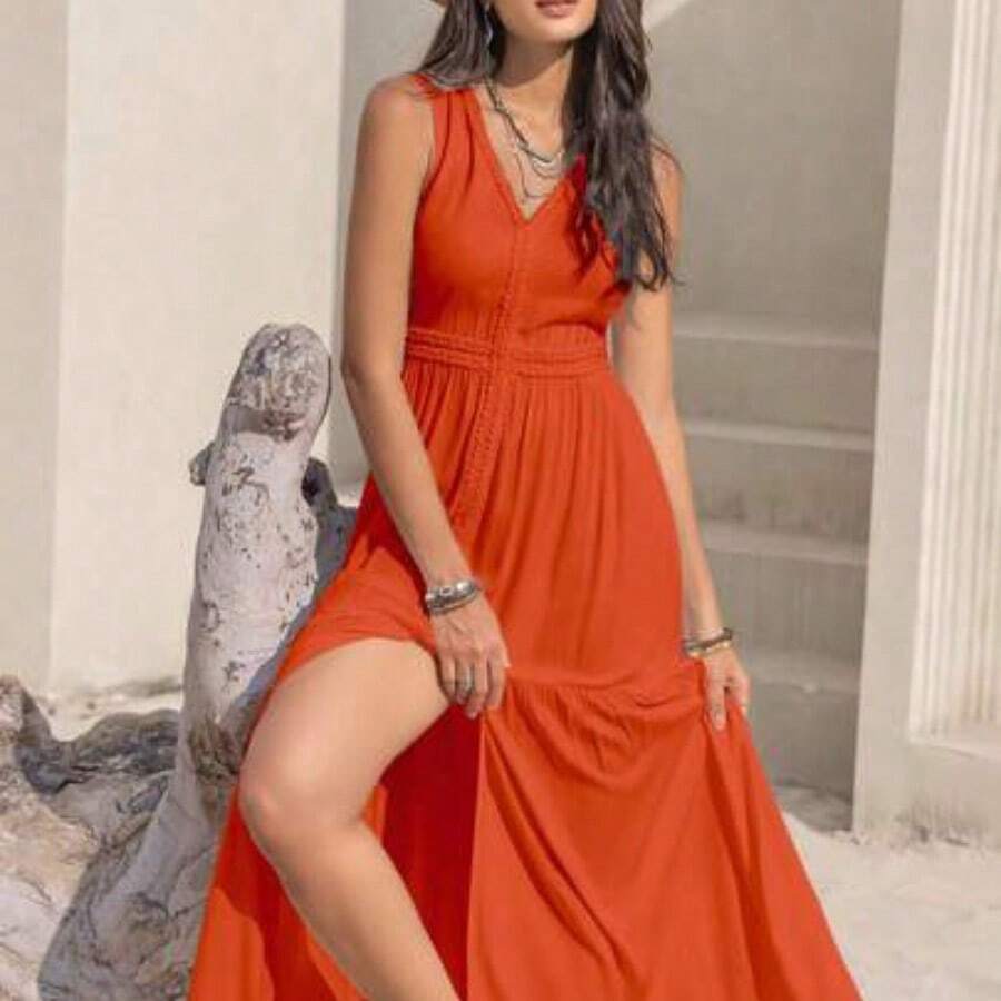Long Sleeveless Casual Vacation Dress With Lace Collar, Suitable For Bohemian, Beach, Tropical Resort Occasions, New Year Party Outfit White Summer Elegant - Naranja - Ver 1