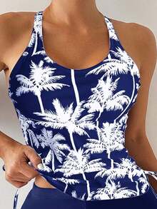 Bikini Estilo Chaleco Estampado Con Palmeras Para Mujer, Para Carnaval - Azul y blanco - Ver 4