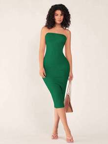 Vestido casual ceñido con escote strapless para cena para mujer - Verde Oscuro - Ver 6