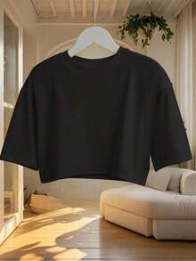 Blusa de mujer de cuello redondo, manga corta, holgada y casual, de estilo minimalista, elegante y sexy Y2K, adecuada para uso diario, oficina, hogar, exterior, primavera/verano - Negro - Ver 1