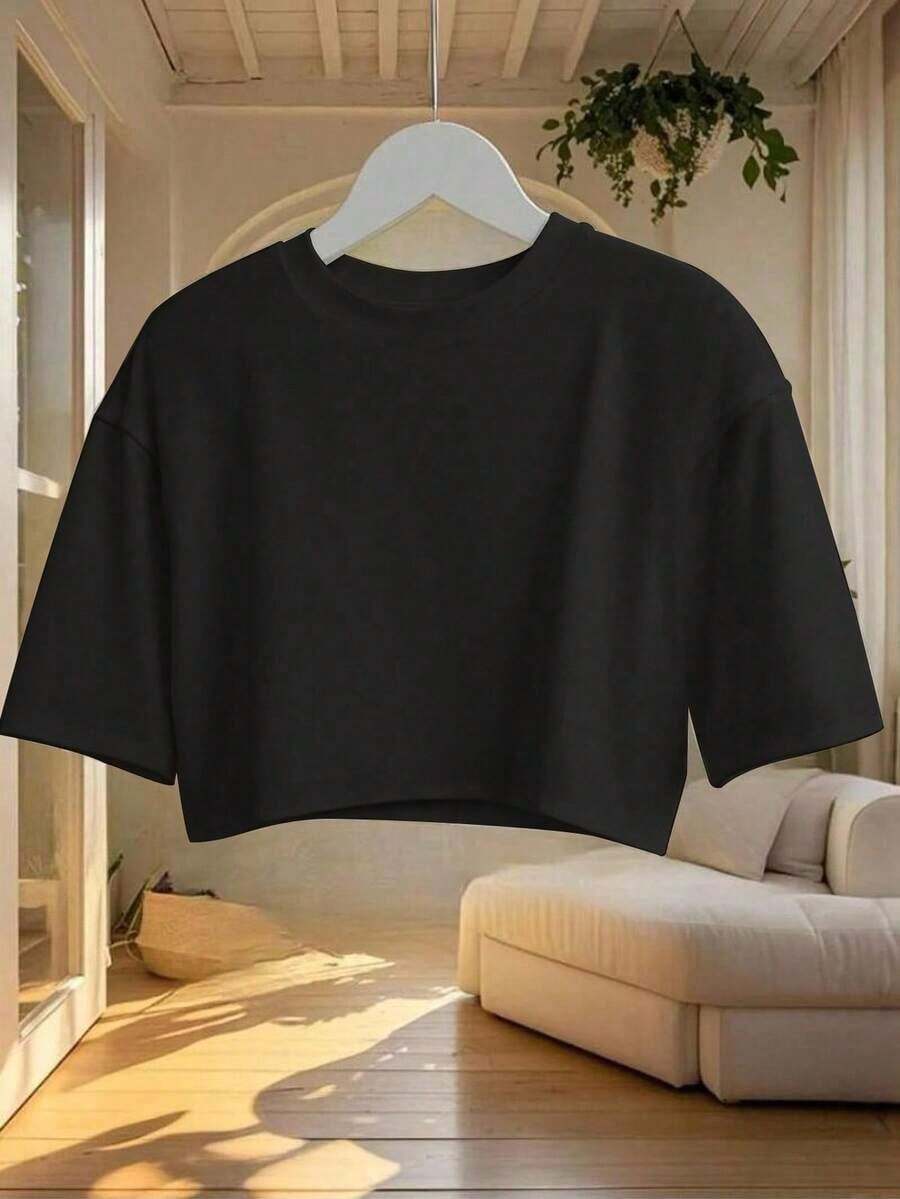 Blusa de mujer de cuello redondo, manga corta, holgada y casual, de estilo minimalista, elegante y sexy Y2K, adecuada para uso diario, oficina, hogar, exterior, primavera/verano - Negro - Ver 1