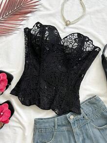 WYWH Estilo europeo y americano, joven, vacaciones, sexy, vanguardista, corsé con encaje de doble capa, espiga, sin tirantes, marrón café, calado, bordado, prenda moldeadora - Negro - Ver 4