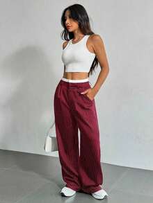 Pantalones anchos de mujer con pliegues y rayas, con cintura de bloques de color para otoño/invierno - Burdeos - Ver 4