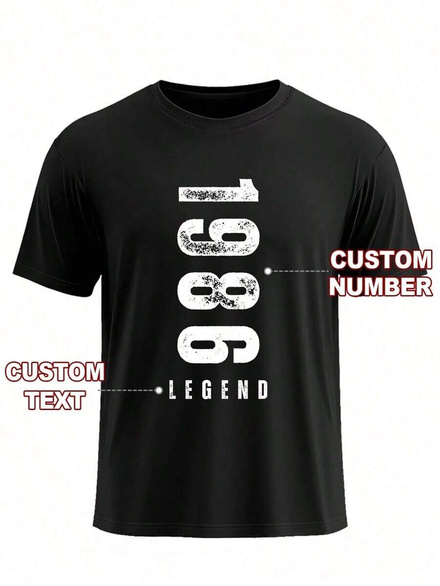 Camiseta personalizada para hombres con números y texto impreso, personalizada con tu número/aniversario/tu texto/bendición/significativo/texto divertido, camiseta para hombres, tops, festival de música, ropa familiar, regalo del Día de San Valentín, regalo de aniversario, regalo para el mejor amigo, camiseta minimalista - Negro - Ver 1