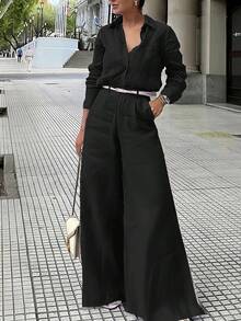 2 piezas Conjunto elegante de verano para mujer, conjunto casual de verano ajustado, incluye camisa tipo cárdigan y pantalones de pierna ancha con cintura elástica, adecuado para el Día de San Patricio y la primavera - Negro - Ver 8