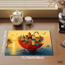 1pc Colorful City Print Absorbent Pad/Drying Mat For Coffee Maker, Tableware - Absorbent Polyester Desktop Protective Mat With Rubber Anti-Slip Pad, For Kitchen Counter Decor, Home Bar And Dining Table - Multicolor - View 6