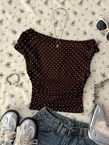 Blusa corta asimétrica fruncida para mujer - Marrón - Ver 1