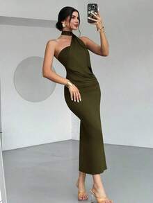 Vestido suelto con mangas acampanadas asimétricas de color marrón moca para mujer, vestido largo de moda, ropa de primavera/verano, adecuado para ir al trabajo, elegante, sexy, vacaciones, playa, estilo bohemio, Hawái, festivales de música, fiestas, atuendo de trabajo - Verde militar - Ver 7