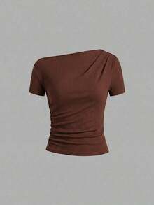 Camiseta de moda de manga corta con hombros oblicuos y ajustada de unicolor para mujer, verano - Multicolor 3 - Ver 10