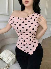 Camiseta asimétrica de mujer elegante con estampado de lunares, para verano - Rosa - Ver 5
