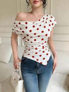 Camiseta asimétrica de mujer elegante con estampado de lunares, para verano - Rojo - Ver 7