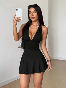 Vestido mini sexy de cuello de halter negro, ropa casual de resort, primavera/verano - Negro - Ver 3