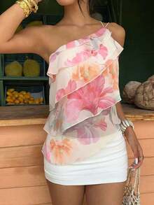 Nueva blusa elegante y romántica de primavera/verano para citas, Día de San Valentín, temporada de bodas, de gasa rosa con un hombro, espalda descubierta, volantes en capas, blusa sexy con volantes para la playa, atuendo de boda, camisa rosa elegan - Multicolor - Ver 4