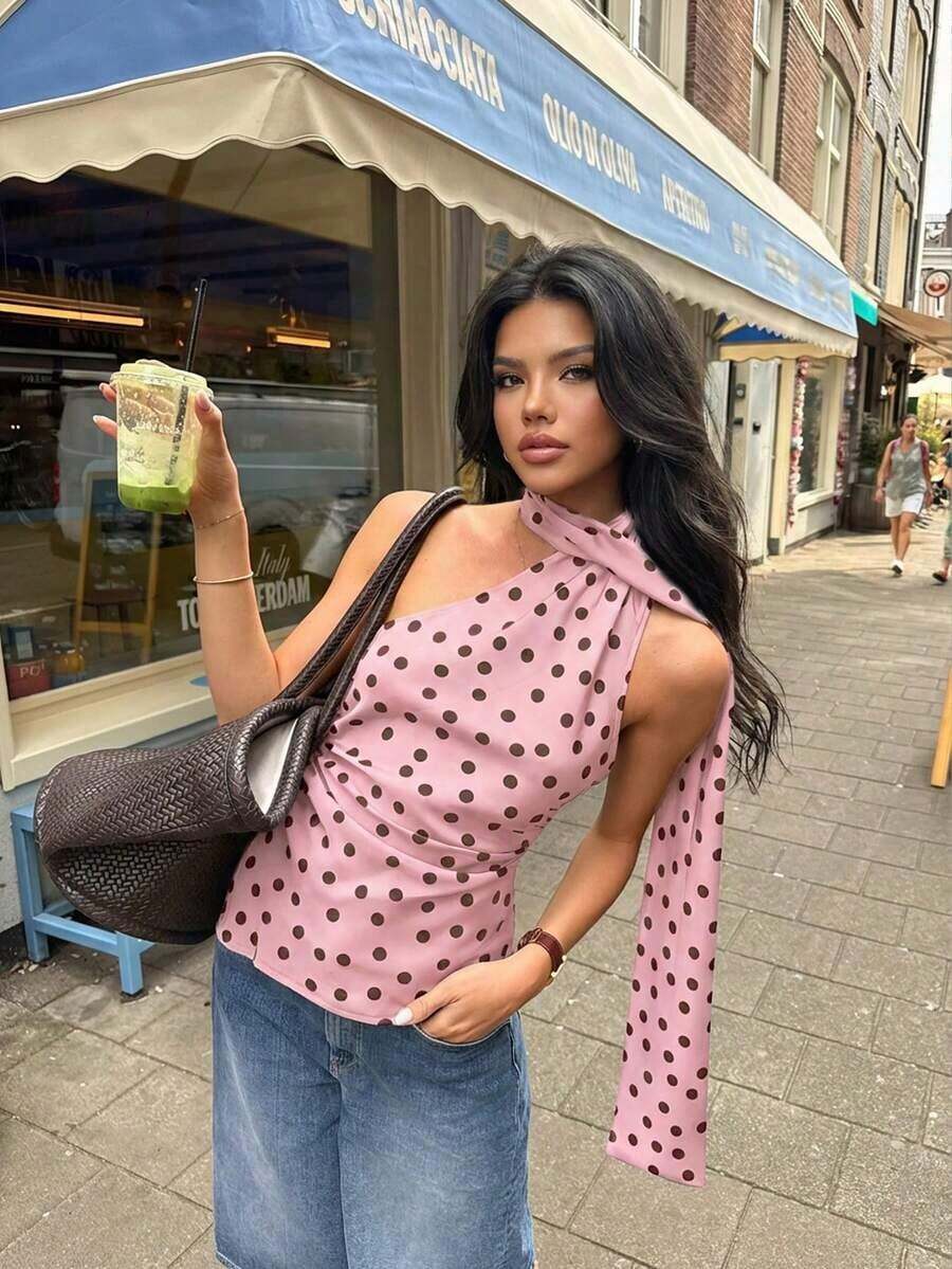 Blusa de mujer con estampado de lunares elegante, casual y sexy con diseño asimétrico de cuello halter sin mangas, fruncida y ajustada, con tirantes de lazo.Blusa de mujer de seda de morera para yoga.Nueva blusa de primavera y verano para mujer.Blusa de lunares marrones, adecuada para reuniones, fiestas, citas y la playa. - Rosa - Ver 1