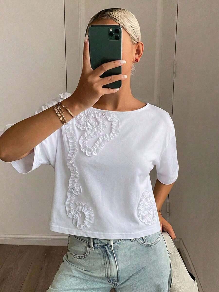 Blusa casual de verano para mujer con cuello redondo, manga corta suelta y 3D plisada con flor - Blanco 4 - Ver 1