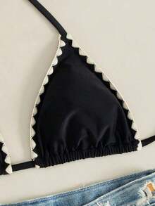 Bikini de mujer de unicolor con escote halter y lazos, estilo sexy, minimalista y elegante para playa, vacaciones, viajes y fiestas, nueva colección primavera/verano - brotes de color beige oscuro - Ver 6