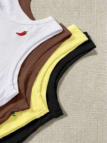 4 piezas Camiseta de mujer con cuello redondo bordada con pimiento picante y limón - Multicolor - Ver 4