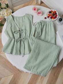 Set de 2 piezas: Pantalones rectos con cordones y rayas, estilo callejero para mujer, verano - Verde militar - Ver 9