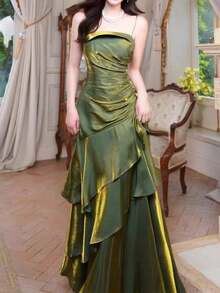 Vestido de fiesta elegante y distintivo de mujer, vestido de noche formal vintage, ajustado con tirantes finos, adecuado para cumpleaños, bodas, invitados, bailes de graduación, vacaciones de primavera en la playa - Verde - Ver 6
