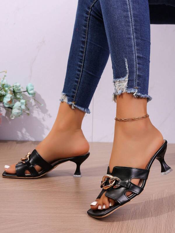 Fashion Chain Decor Square Toe High Heel Sandals, Women's Summer Thick Heel Strap Slippers, Elegant Outdoor Slip-On Shoes, Beach Pure Metal Buckle