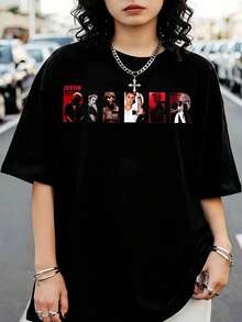 Justin Biebers T-Shirt With Photo Frame, Red And Black Graphic Design, Streetwear For JB Fans - Black - View 1