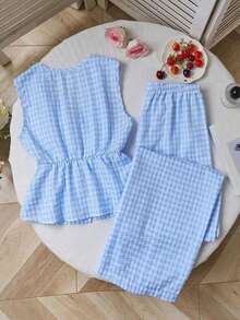 Nuevo conjunto de verano europeo y americano de dos piezas, pantalones rectos de pierna recta con cordones lisos y a rayas en rosa, estilo versátil de calle para mujeres - Azul 2 - Ver 2