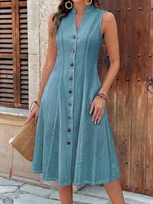Vestido de mujer de manga corta con cuello redondo y estampado geométrico de verano - Agua verde azul - Ver 6