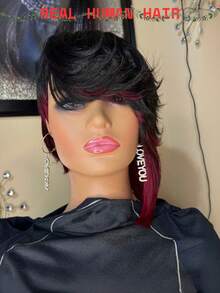 1pc Black Short Pixie Cut Human Hair Wig, Chocolate Brown With Wine Red Straight Pixie Cut Layered Short Hair Wig, Seamless Pixie Wig For Daily Use, No Bangs - Multicolor - View 3