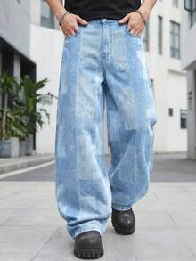 LIYS Herrbyxor med lapptäcke och vävda jeans, Ljustvättade, lösa jeans med vida ben, Casual Streetwear - Ljustvätt - Visa 1