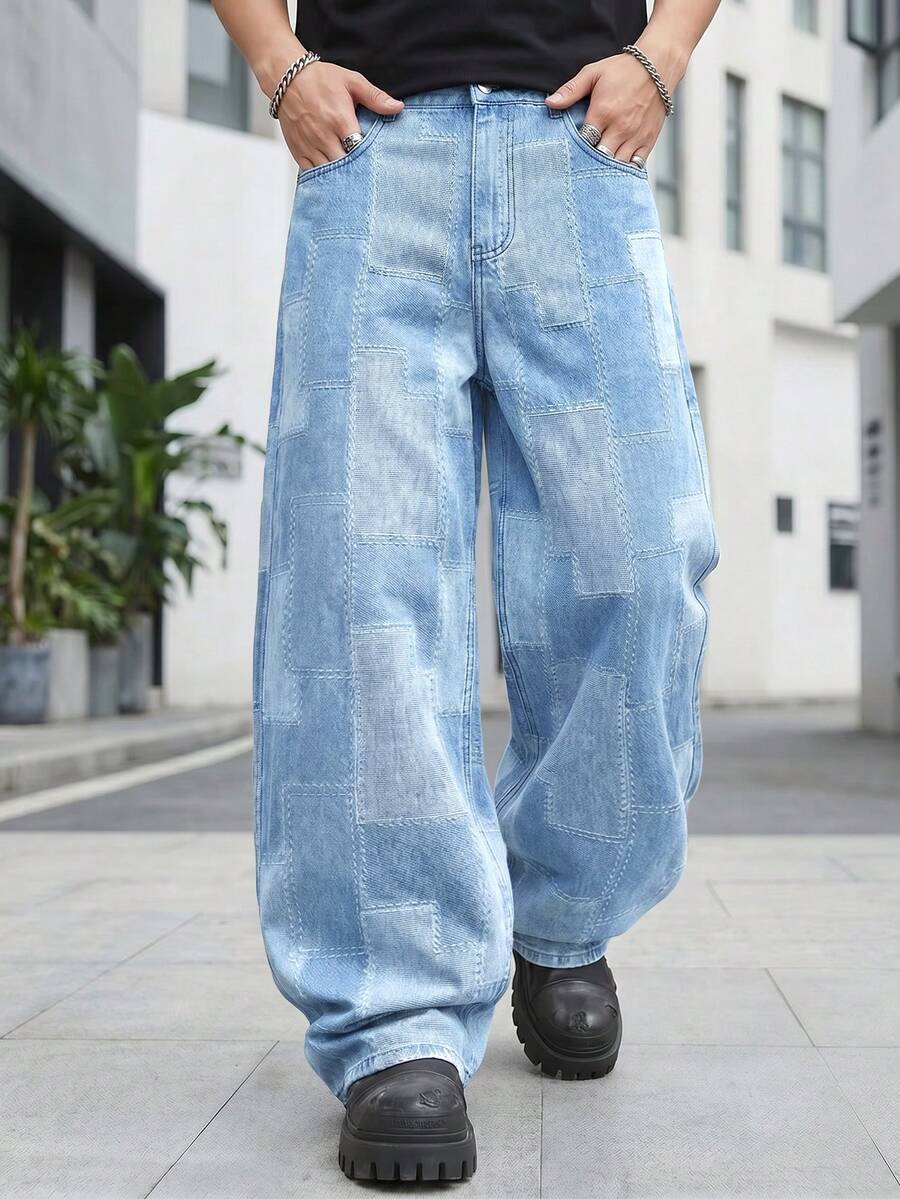 LIYS Herrbyxor med lapptäcke och vävda jeans, Ljustvättade, lösa jeans med vida ben, Casual Streetwear - Ljustvätt - Visa 1