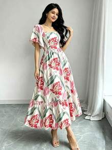 Vestido de manga corta con cuello cuadrado y estampado floral, vestido de longitud media con cintura ceñida, vestido marrón con estampado floral - Multicolor 4 - Ver 3