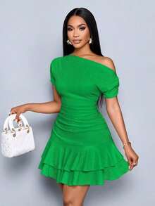 Vestido mini con mangas largas, cuello asimétrico, doble volante y pliegues en color albaricoque elegante para fiesta y día en tejido de punto - Verde - Ver 7