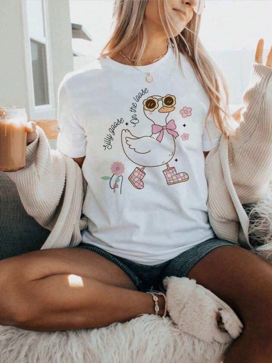 Camiseta con Estampado Gráfico de Ganso Divertido Kawaii, Top Casual de Manga Corta y Cuello Redondo para Todas las Temporadas, Ropa de Mujer - Blanco - Ver 1