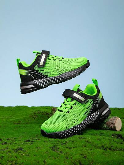 Kids Fluorescent Green Breathable Sports Shoes, Boys & Girls Summer New Hook And Loop Mesh Soft Bottom Protective Toe Campus Versatile Student Running Shoes, Children's Lightweight Breathable Non-Stuffy Casual Sports Shoes