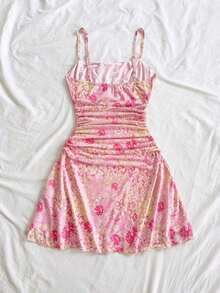 Vestido mini de tirantes finos con línea A, con estampado floral romántico rosa, apropiado para fiesta, cita, Día de San Valentín, Pascua, carnaval, crucero de playa, té de la tarde, moda de primavera/verano - Multicolor 7 - Ver 2