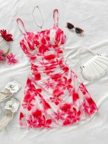 Vestido mini de tirantes finos con línea A, con estampado floral romántico rosa, apropiado para fiesta, cita, Día de San Valentín, Pascua, carnaval, crucero de playa, té de la tarde, moda de primavera/verano - Rojo y blanco - Ver 8