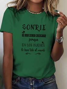 Camiseta con estampado divertido de temática española, de manga corta y cuello redondo, estilo casual, adecuada para primavera y verano, ropa de mujer para el verano. - Verde - Ver 1
