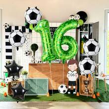 5pcs Football Party Birthday Balloon Set, Includes 40-Inch 0-9 Pixel Number Balloons, Football Balloons, Pentagram Balloons, Suitable For Birthday, Football Theme Party, Sports Theme Party Decoration - Multicolor - View 5