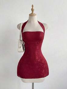 Vestido de fiesta mini con diseño de mariposa, cintura ceñida y sexy, con diseño de lazo de mariposa en la espalda, estilo dulce con bloqueo de color y malla - Burdeos - Ver 1