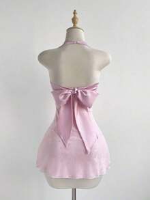 Vestido de fiesta mini con diseño de mariposa, cintura ceñida y sexy, con diseño de lazo de mariposa en la espalda, estilo dulce con bloqueo de color y malla - Rosa - Ver 2