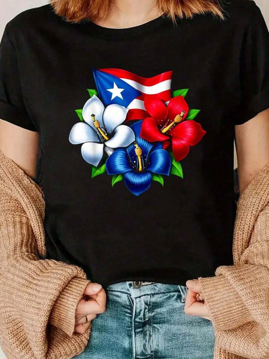 Camiseta con diseño creativo de la bandera de Puerto Rico, flores de Puerto Rico, camisetas de algodón estampadas, moda de verano para mujer, camiseta casual y linda de cuello redondo y manga corta, ropa de mujer, top holgado, casual y versátil, camiseta Y2k, camisa. - Negro - Ver 1