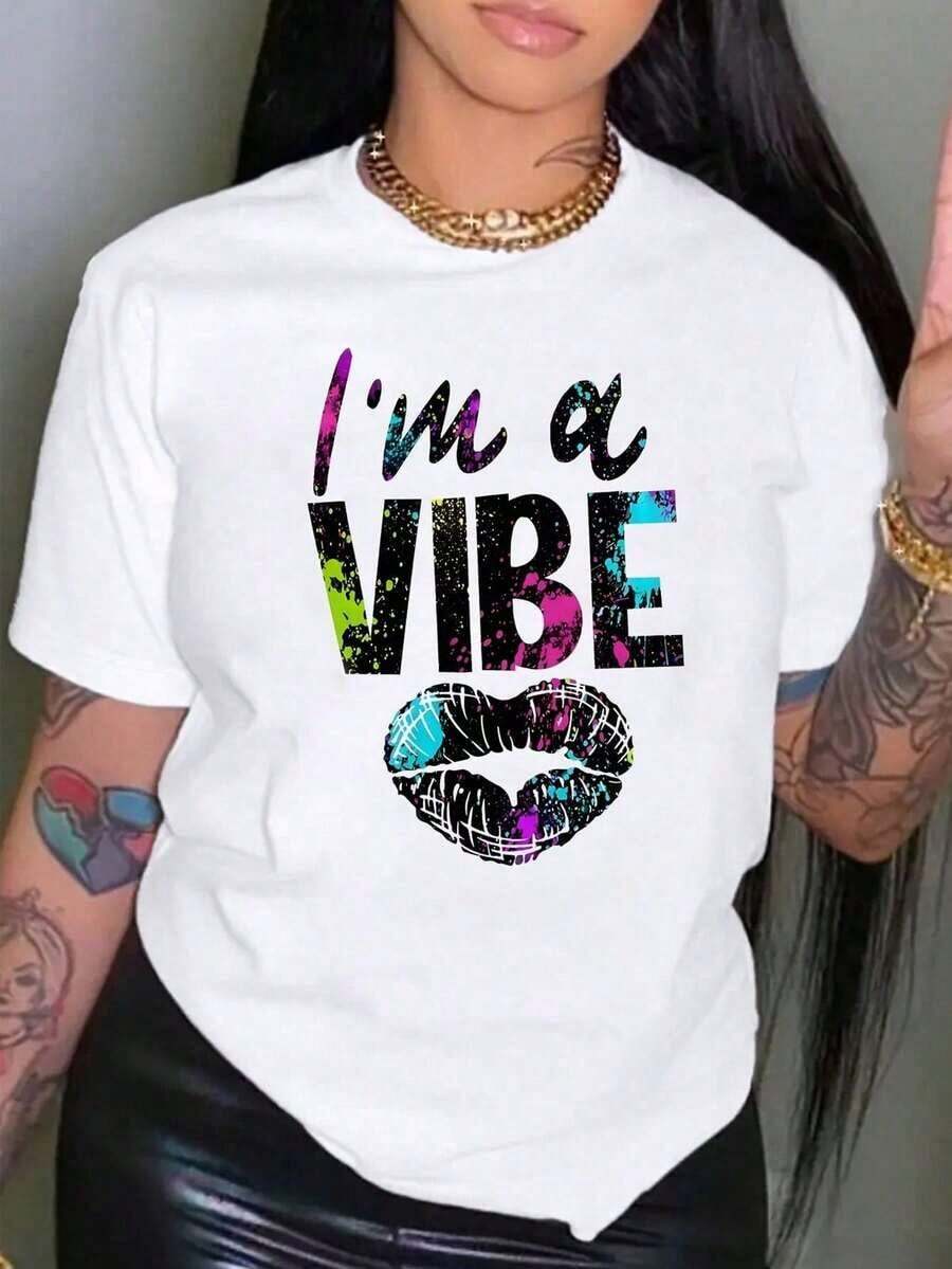 1 Piece Women's Casual Short Sleeve T-Shirt With Lips And Letters Print, Round Neck, For Daily Wear, Im A Vibe Art Graffiti Graphi, 180g, 100% Soft Cotton. - 白色 - 查看 1