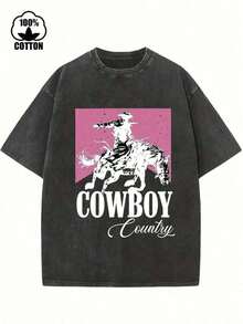 Y2k Women's Clothing, Country Denim Style Printed T-Shirt, 1 Piece, 230g Washed, High Quality Wax Print Cotton T-Shirt, Retro Fashion Brand, Suitable For Summer, T-Shirt With Some Thickness, Holiday Gift, Loose And Comfortable, Women's Summer Tops, Vintage Tops - High Quality And Breathable - 黑色 - 查看 1