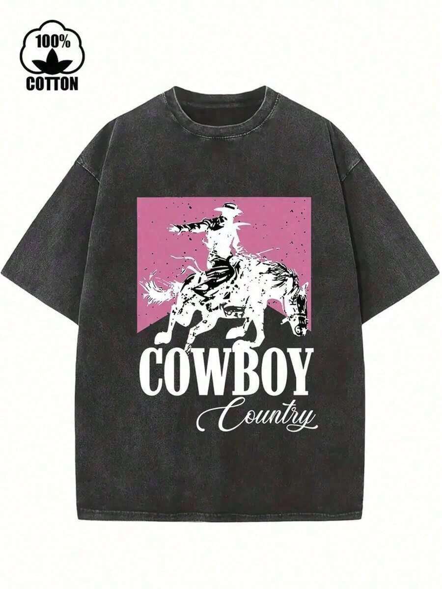 Y2k Women's Clothing, Country Denim Style Printed T-Shirt, 1 Piece, 230g Washed, High Quality Wax Print Cotton T-Shirt, Retro Fashion Brand, Suitable For Summer, T-Shirt With Some Thickness, Holiday Gift, Loose And Comfortable, Women's Summer Tops, Vintage Tops - High Quality And Breathable - 黑色 - 查看 1