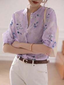 Blusa de mujer de manga 3/4 con cuello alto, estampado floral acuarela azul grisáceo| Blusa de ajuste ceñido, transpirable, de manga acampanada, para oficina/vacaciones, primavera/verano - Púrpura malva - Ver 5