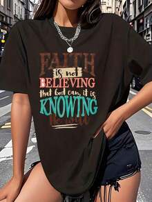 1 Piece With "Faith, Believing, Knowing" Print 1 Piece Women's Plus Size T-Shirt, Funny, Oversized Graphic, Short Sleeve, Novelty, 100% Cotton, 220g, Casual Round Neck T-Shirt, 180g, 100% Cotton. - 黑色 - 查看 1