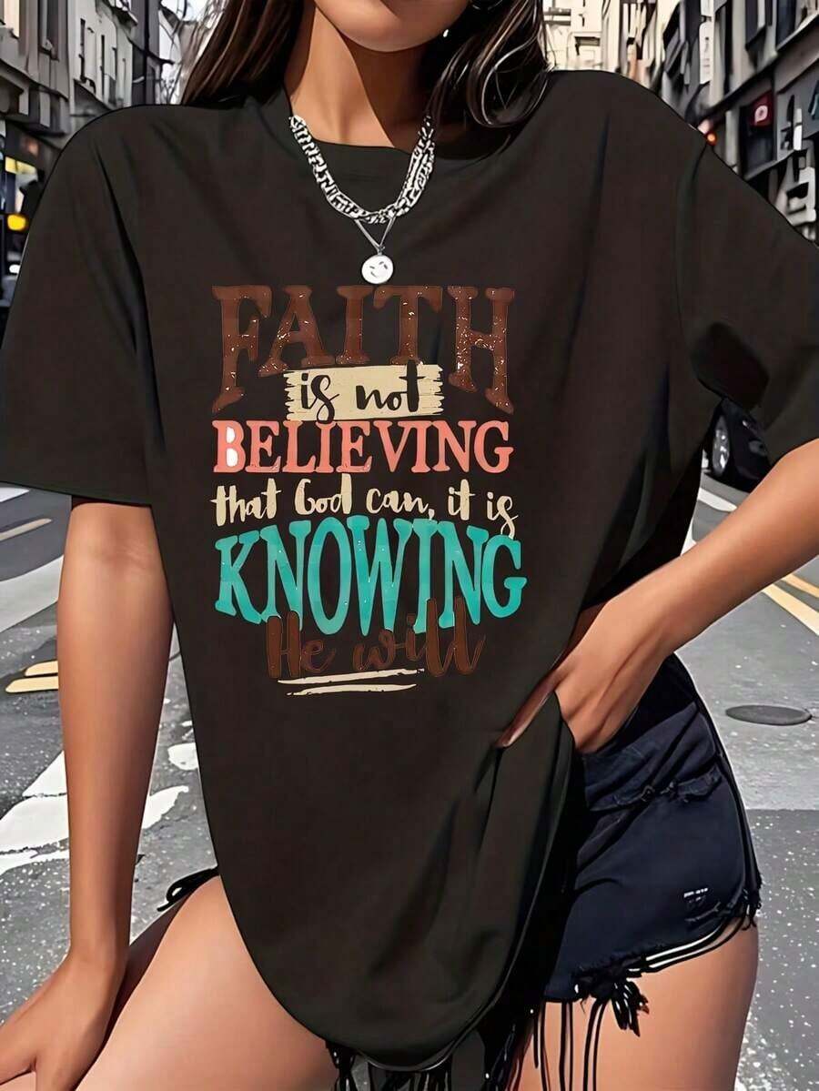 1 Piece With "Faith, Believing, Knowing" Print 1 Piece Women's Plus Size T-Shirt, Funny, Oversized Graphic, Short Sleeve, Novelty, 100% Cotton, 220g, Casual Round Neck T-Shirt, 180g, 100% Cotton. - 黑色 - 查看 1
